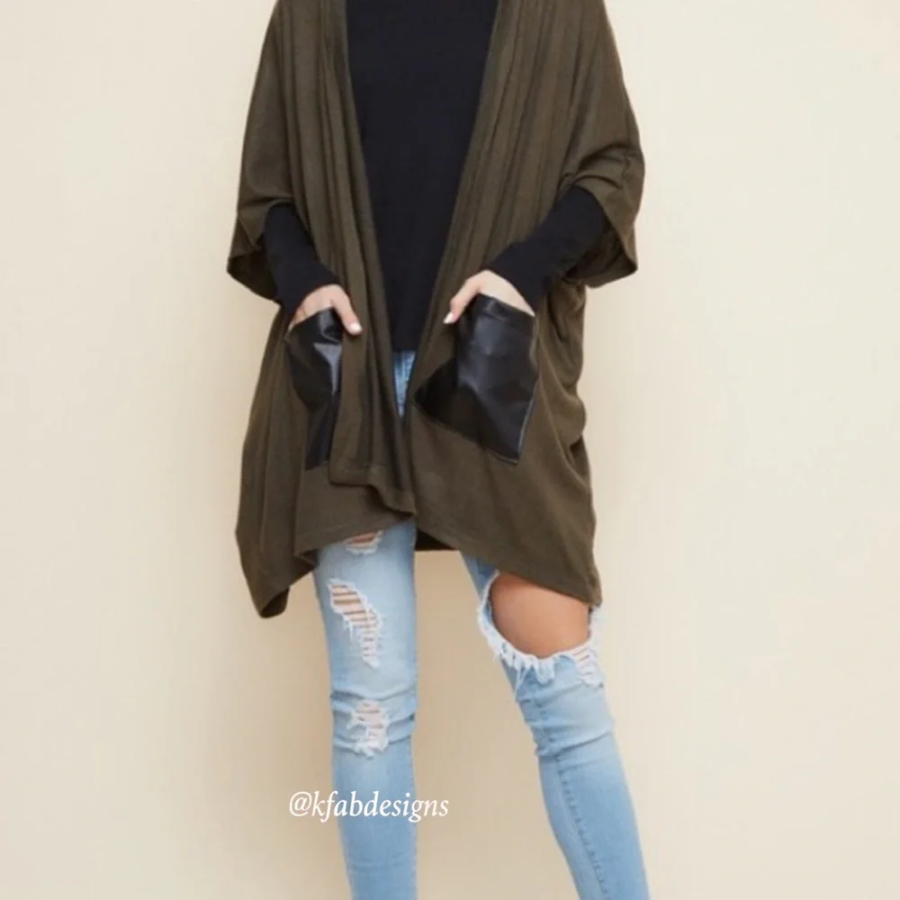 LAST 1! Olive Hooded Poncho Cardigan w/Faux Leather Pockets! - Picture 6 of 6